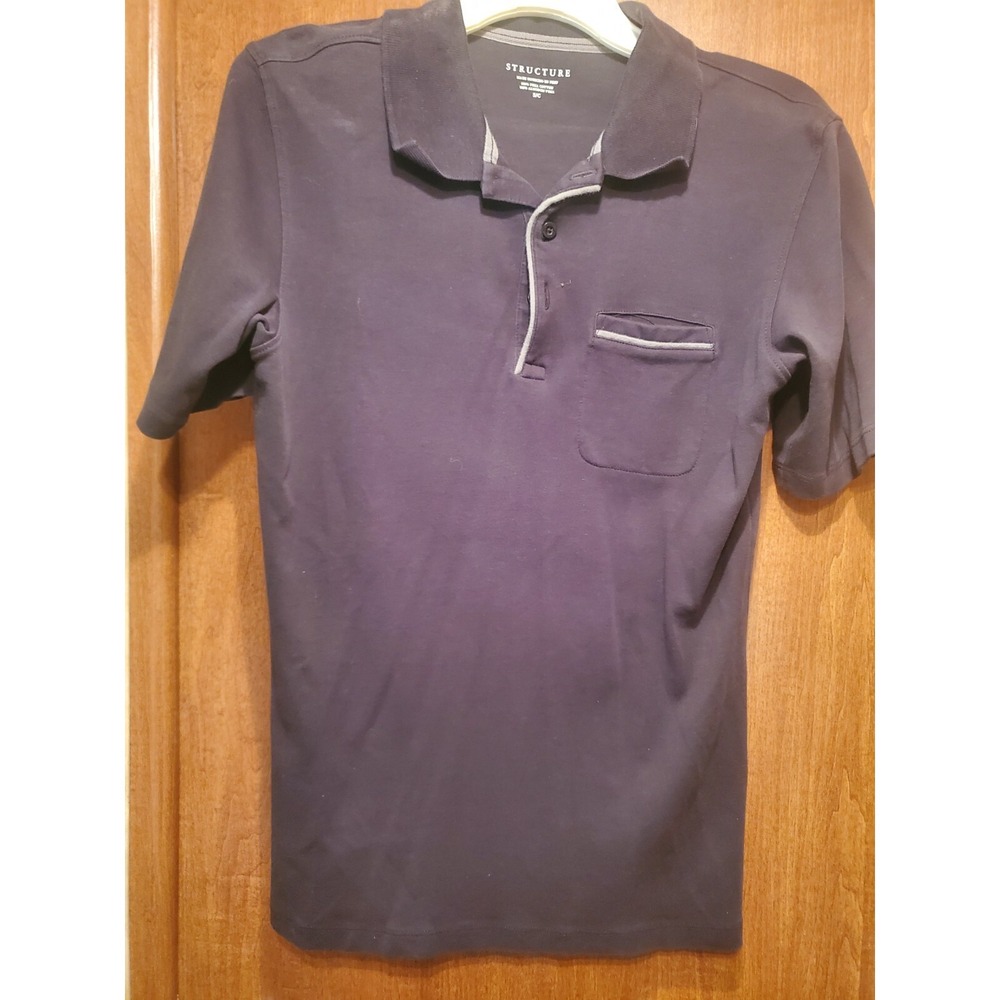 Men's Polo‎ Shirt, Structure,Black, Gray trim on pocket,Buttons,Small